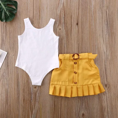 Vista 2 de Conjunto de 2 faldas para bebé niña pequeña, sin mangas, chaleco con botones y falda plisada