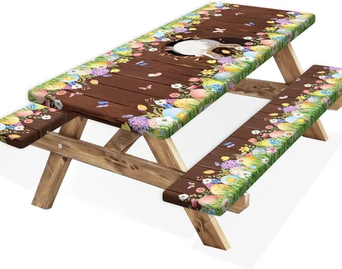 Vista 41 de Funda para Mesa de Picnic con Fundas para Bancos y Bolsa, Campista de Madera Impermeable Resistente al Viento, Cubierta de Mantel Ajustada con Borde