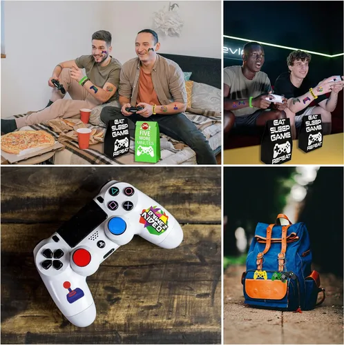 Vista 6 de Bluegogo 146 piezas de recuerdos de fiesta de videojuegos: pases VIP, llaveros, calcomanías de tatuaje, colgantes de zapatos, gorras con botones