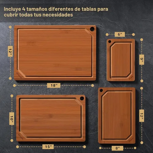 Vista 2 de HIWARE Juego de 4 Piezas de Tablas de Cortar Extra Grandes de Madera - Tablas de Cortar de Bambú para Preparación de Comidas y Servicio