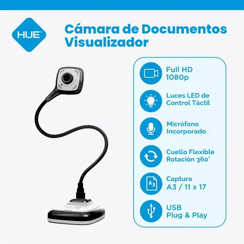 Vista 2 de HUE HD Pro - Cámara de documentos/visualizador USB para profesores/aula, color negro Cámara flexible Full HD de 1080p, micrófono integrado y luces