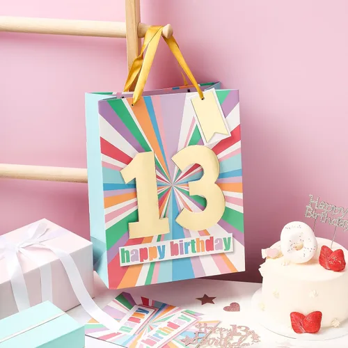 Vista 6 de WRAPAHOLIC Bolsa de regalo de cumpleaños grande de 13 pulgadas con tarjeta y papel de seda - 13 cumpleaños