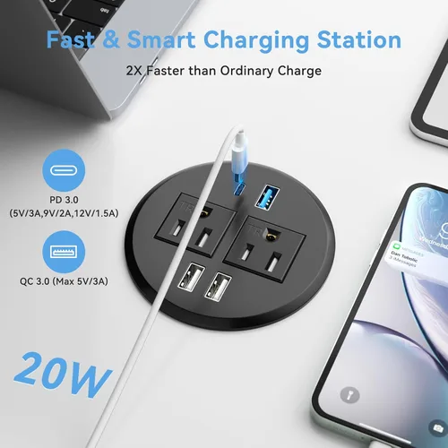 Vista 3 de BTU Ojal de alimentación de escritorio con PD de 20 W USB C de carga rápida, enchufe de alimentación empotrado con 2 salidas de CA, regleta