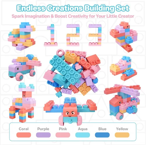 Vista 4 de Bloques de construcción suaves de 64 piezas para niños pequeños de 1 a 3 Colores Macaron