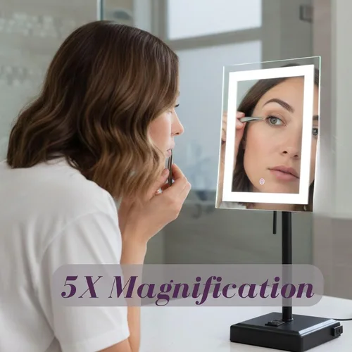 Vista 3 de JERDON Espejo de aumento de mesa iluminado - Espejo de maquillaje negro con aumento 5X y luces LED - Modelo JRT910BKL