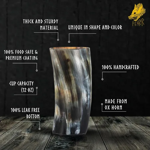 Vista 3 de FENRIR Juego de Tazas de Cuerno Vikingo para Beber de 2 – Regalos para Hombres, Papá, Esposo – Regalo Vikingo Único – Taza de Cuerno de Buey Natural
