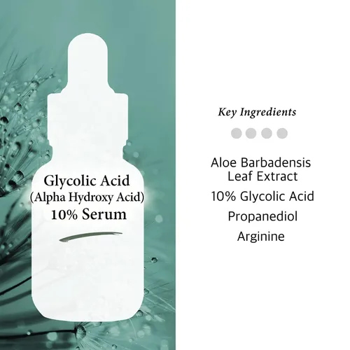 Vista 3 de Suero de ácido glicólico 10% AHA, fórmula exfoliante suave con aloe y té verde, suero facial profesional para una apariencia más suave de la piel