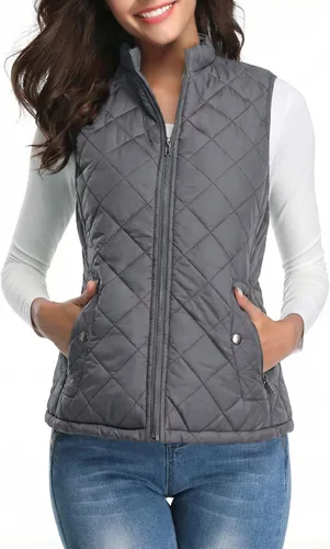 Vista 11 de Fuinloth Women's Quilted Vest Lightweight Puffer Stand Collar Zip Gilet Beige