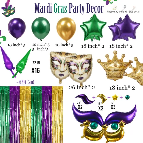 Vista 6 de Kit de arco de guirnalda de globos de Mardi morado, verde y dorado con cortina de flecos, máscara de corona de estrella y globos de máscara