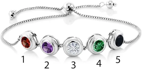 Vista 3 de Gem Stone King Pulsera de plata de ley 925 personalizada y personalizada de 5 piedras con bisel redondo y piedra natal para mujer, totalmente