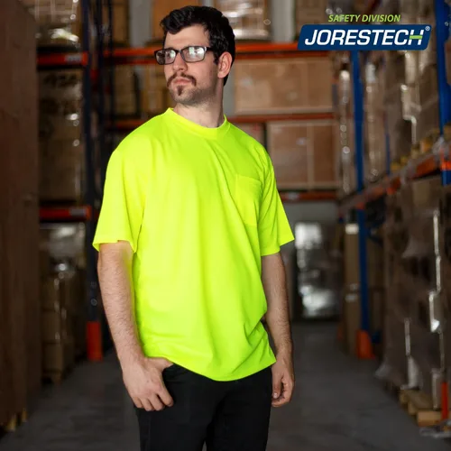 Vista 5 de JORESTECH Camiseta de trabajo de manga corta naranja o amarilla de alta visibilidad con bolsillo en el pecho, tela que absorbe la humedad