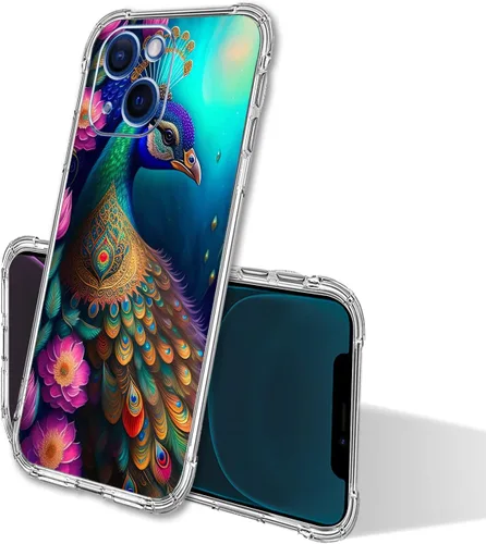 Vista 3 de Funda para iPhone 14, colorido mandala pavo real, flores, protección contra caídas, a prueba de golpes, carcasa protectora de cuerpo completo