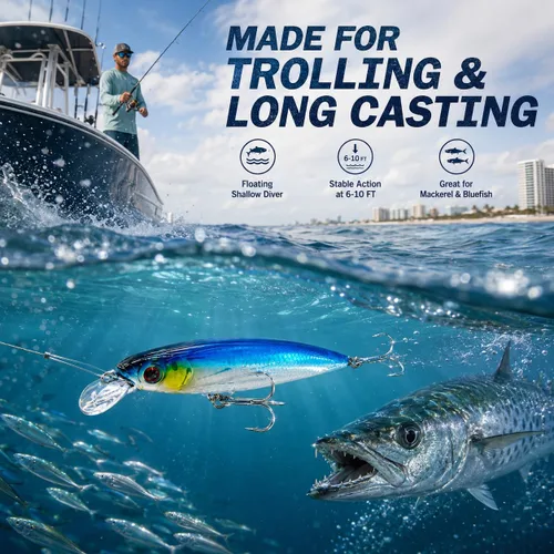 Vista 6 de Trolling Minnow Lure, 5.5in 1.5oz Floating Diving Hard Bait, 6-10ft ABS Laser Reflective Crankbait with BKK 4X 1/0 Treble Hooks, 1 Pack, for