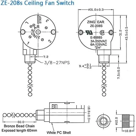 Vista 6 de ZE-208S Interruptor de ventilador de techo zing Ear e89885 Interruptor de cadena de tracción-Negro