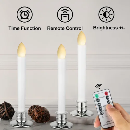 Vista 3 de Paquete de 2 velas cónicas sin llama con control remoto/temporizador, velas LED parpadeantes operadas por batería para ventana, candelabros falsos