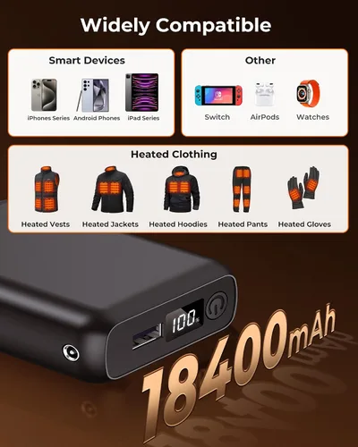 Vista 5 de Glaais Chaleco térmico de 5 V, 7,4 V, 18400 mAh, batería compatible con ORORO, batería para chaleco térmico con LED, batería recargable