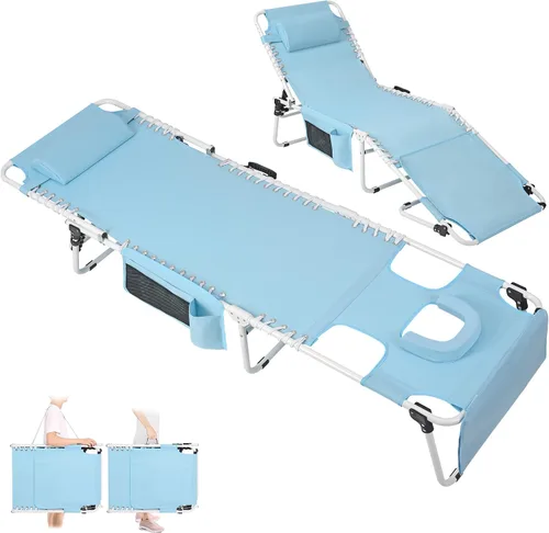 Vista 7 de Silla de bronceado resistente con orificio facial, ajustable, 5 posiciones, tumbonas plegables para exteriores, portátiles, planas, para la playa
