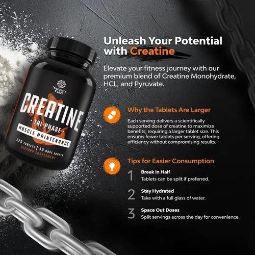 Vista 2 de Natures Craft Tabletas de creatina trifásica de alta resistencia para mujeres y hombres - Mezcla de fórmula de monohidrato de creatina, 300 mg