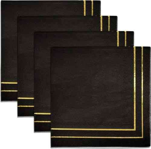 Vista 5 de Gift Boutique 100 servilletas doradas y negras de 3 capas de papel de aluminio dorado metálico con rayas desechables para postres de papel