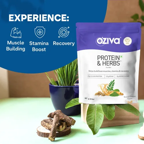 Vista 3 de OZIVA Proteína y hierbas para hombres, proteína de caramelo de plátano en polvo para hombres para construcción muscular, recuperación y mejor