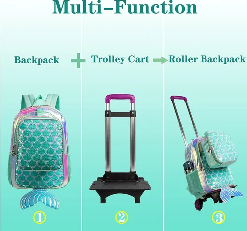 Vista 4 de Meetbelify Mochila con ruedas para niñas de 6 a 8 años, Mochila con ruedas de sirena de 3 piezas, Mochila
