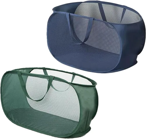 Vista 13 de 2 Piezas Cesta de Ropa Sucia Desplegable de Malla con Asas Duraderas Cestas de Lavandería Plegables Cesta de Ropa Plegable de Pástico para Cuarto