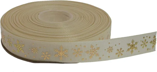 Vista 8 de Cinta de grogrén de copo de nieve con impresión dorada de 25 yardas cada rollo, borde tejido 100% poliéster (3/8 pulgadas, beige)