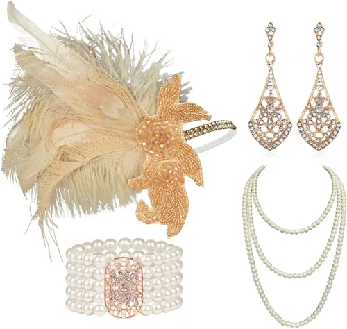 Vista 27 de Cizoe (aa) - Juego de accesorios de estilo Gatsby de la década de 1920, para mujer, diadema de estilo flapper, tocado, collar, guantes