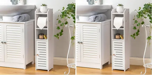 Vista 8 de AOJEZOR Soporte para papel higiénico: gabinete de baño independiente de PVC para habitantes de apartamentos, almacenamiento delgado para baño