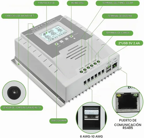Vista 4 de controlador de carga MPPT 40 amperios 12V/24V Auto, regulador de carga de panel solar 40A con pantalla LCD retroiluminada máxima 100V para batería