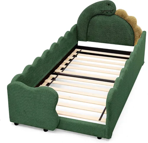 Vista 5 de Cama infantil con forma de dinosaurio de tamaño individual con barandilla de seguridad, marco de cama de piso de madera maciza para niños