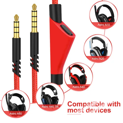Vista 3 de Cable de repuesto A10 A40 A30 para conectar auriculares Astro A10 Astro A40 Gaming a controladores PS4, smartphone, MixAmp, PC y Mac con conector