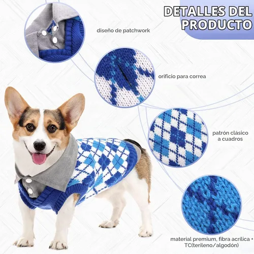 Vista 3 de Kuoser Suéter para Perro Suéter a Cuadros para Perro con Agujero para Arnés, Diseño Polo Tejido para Cachorro Suéter de Otoño e Invierno para Perros