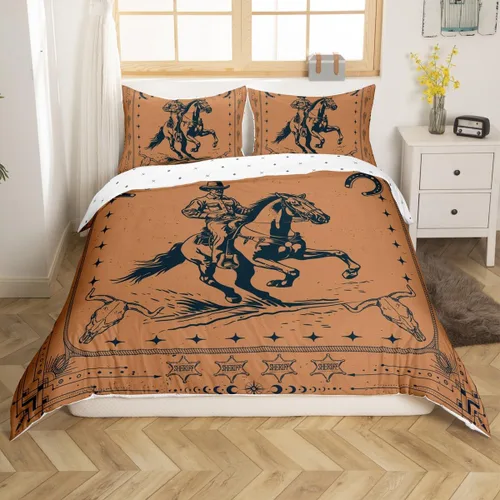 Vista 3 de Manfei Juego de funda de edredón de vaquero occidental, tamaño individual, juego de ropa de cama con estampado de herradura de calavera de toro