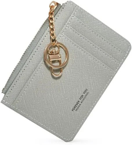 Vista 6 de Cartera de cuero delgado minimalista con bolsillo frontal para mujer con ventana de identificación y llavero, Gris, Simple