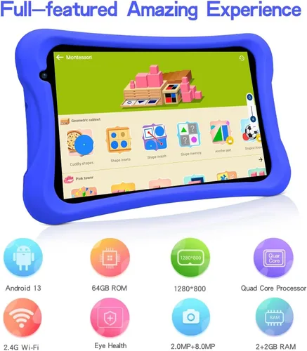 Vista 5 de PRITOM Tablet Android Quad Core de 8 pulgadas, 64 GB, WiFi, Bluetooth, cámara dual, educación, juegos, control parental, software para niños