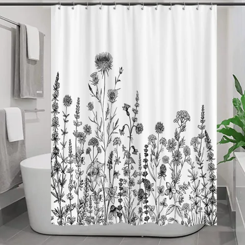 Vista 36 de Cortina de ducha de mariposa floral negra y dorada, cortina de ducha bohemia con diseño botánico de flores oscuras para baño con gancho, juego