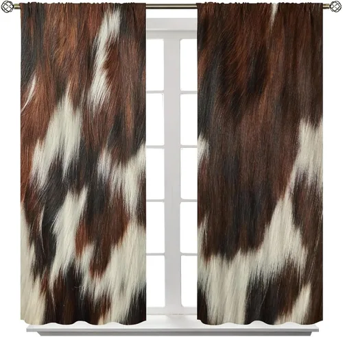 Vista 3 de YCness Cortinas de ventana de piel de vaca, estampado de vaca marrón, piel de animal de granja, cortinas opacas para ventana, diseño de vaquero