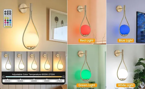 Vista 2 de Paquete de apliques de pared/luces de pared, no cableadas de latón dorado, lámparas de pared de globo de vidrio blanco, lámpara inalámbrica