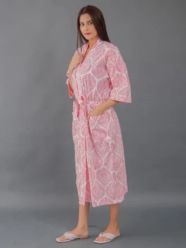 Vista 5 de Cárdigan tipo kimono con estampado indio para mujer, cuello en V, suelto, para playa, vestido de noche tipo kimono de algodón Rosado