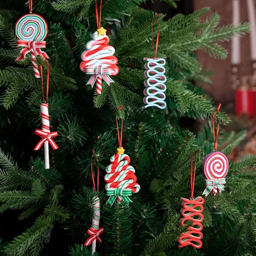 Vista 5 de Codree 8 piezas Adornos de piruleta de Navidad - Adornos de caramelo de Navidad de arcilla polimérica - Adornos navideños de bastón de caramelo B-8