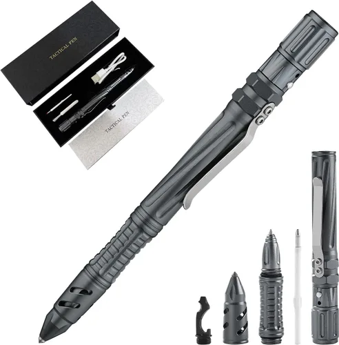 Vista 8 de Bolígrafo táctico de defensa personal militar EDC, negro Glass Breaker, Bottle Opener, Emergency Heater, Multi Tool Survival Pen, For Men Women
