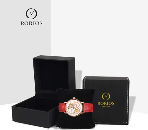 Vista 6 de RORIOS Reloj de esqueleto para mujer, reloj automático de cuerda automática con correa de cuero, reloj de pulsera para mujer