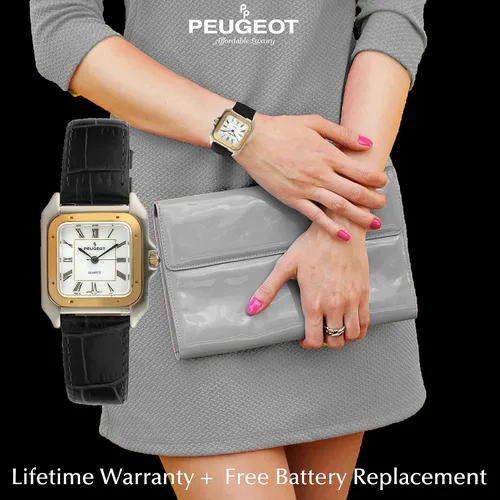 Vista 4 de Peugeot - Reloj de vestir de dos tonos con forma de tanque para mujer con correa de cuero de diseñador