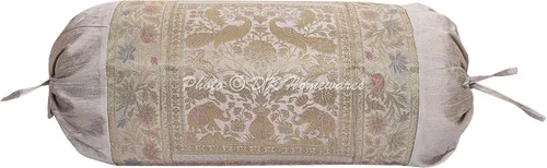 Vista 3 de Juego de 2 fundas de cojín de seda de brocado de jacquard étnico cilíndrico, perro caliente gris, masas de yoga, sala de estar, decoración