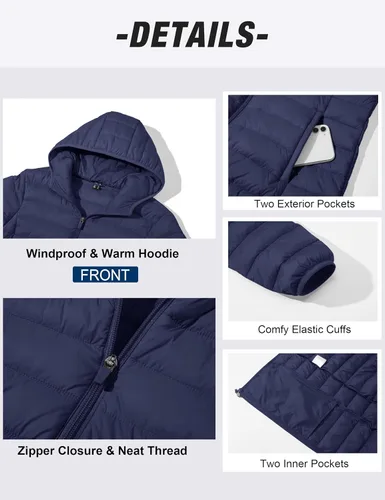 Vista 4 de MAGCOMSEN Chaqueta acolchada con capucha para mujer, ligera, acolchada, con 4 bolsillos, con cremallera, ropa cálida para invierno