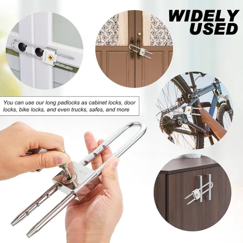 Vista 5 de Candado de grillete largo con llave de latón macizo de 2 pulgadas de longitud ajustable extraíble, grillete plateado para puertas, armarios, cajas
