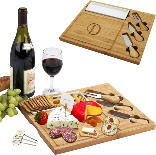 Vista 17 de Picnic at Ascot - Tabla de quesos de bambú grabada, personalizada, con 3 cuchillos de queso, plato de cerámica y marcadores de queso, diseño