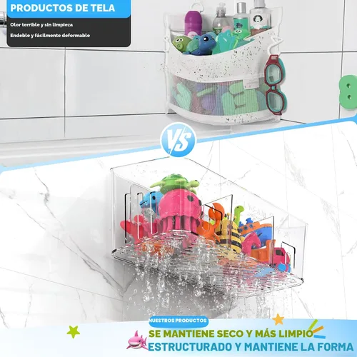 Vista 7 de Lysam Almacenamiento de juguetes de baño, 2 paquetes, soporte grande para juguetes de baño con 3 compartimentos, organizador de juguetes de bañera