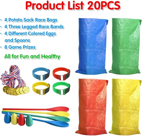 Vista 6 de Abnaok 20 bolsas de carreras de sacos de patatas para juegos al aire libre, bandas de carreras de 3 patas, con huevos y cucharas, juegos de césped